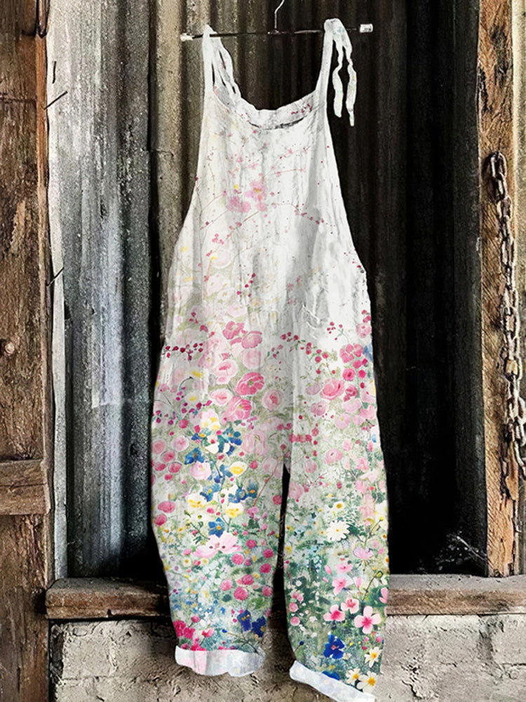 Vintage Flowers Art Print Linen Loose Casual Jumpsuit