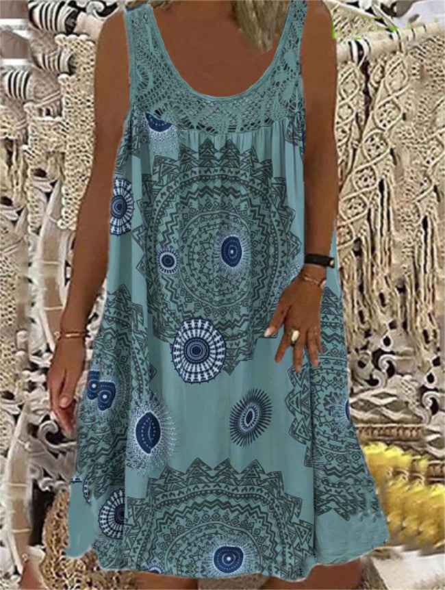 Women's Digital Printed Off-Shoulder Sexy Suspender Loose Dress Lace Casual Skirt
