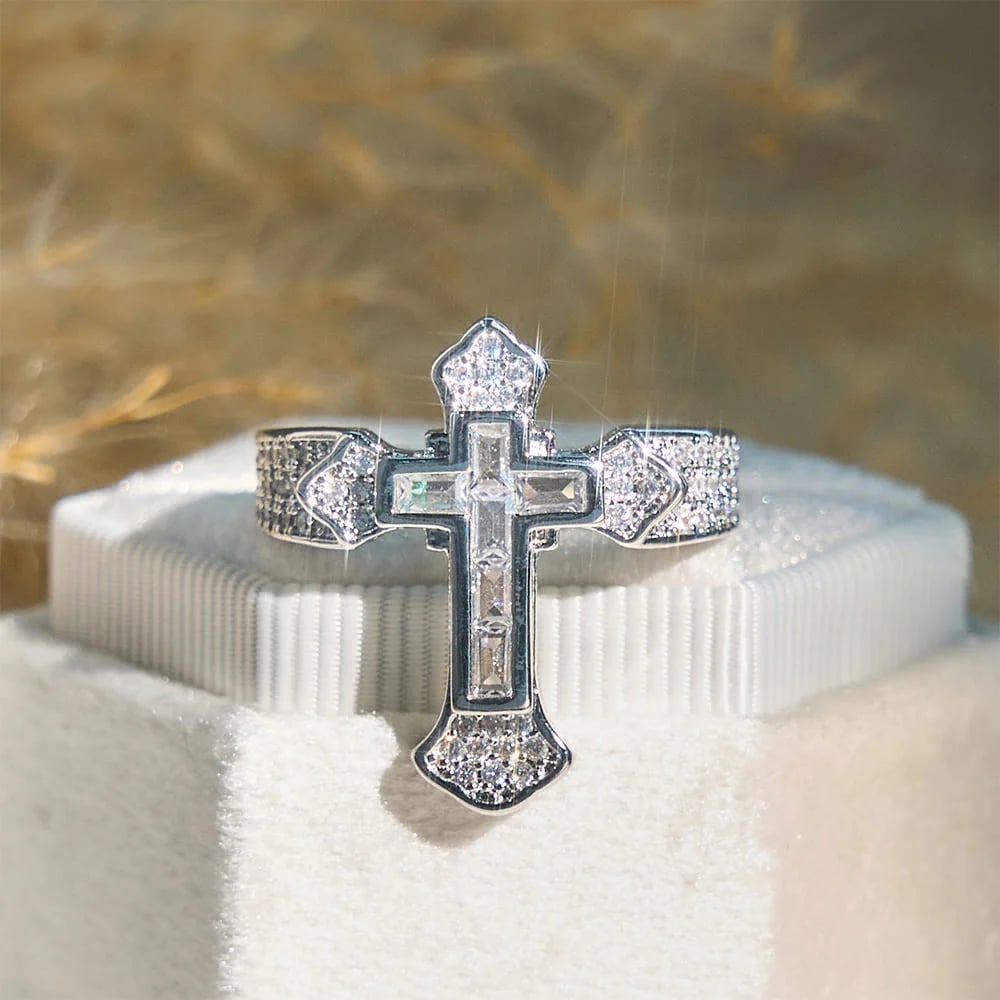 Christianartworkshop Central Cross Motif Ring with Cubic Zirconia Accents: Carry His Care in Daily Wear