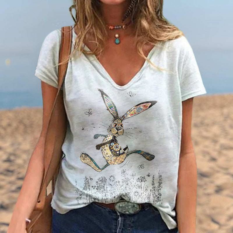 Wildflowers Butterflies Rabbit Printed Women's Casual T-shirt