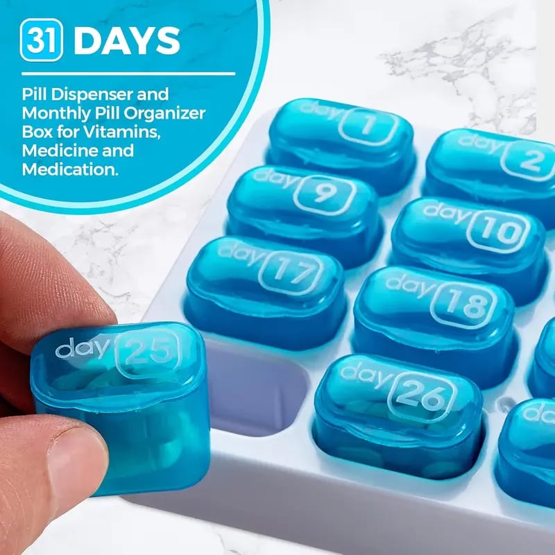 💊Monthly Pill Organizer with Easy-Open Lids - 31 Removable Daily Pods & Travel Case
