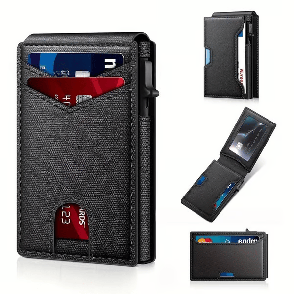 ✨Last Day 49% OFF - Slim Wallet for Men with Pop-Up Aluminum Case, RFID Blocking & Money Clip | Minimalist Leather Bifold Card Holder