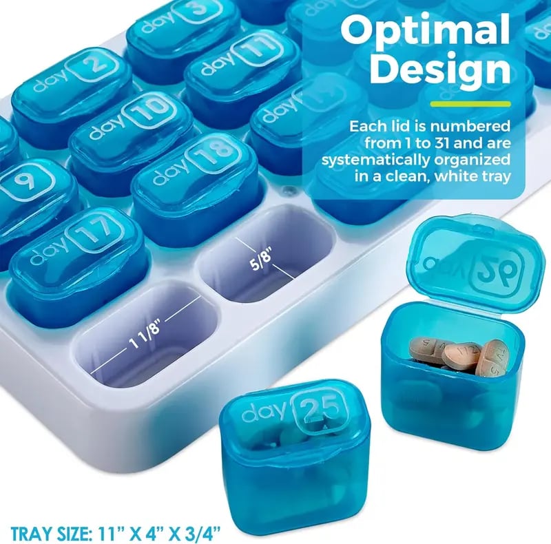 💊Monthly Pill Organizer with Easy-Open Lids - 31 Removable Daily Pods & Travel Case