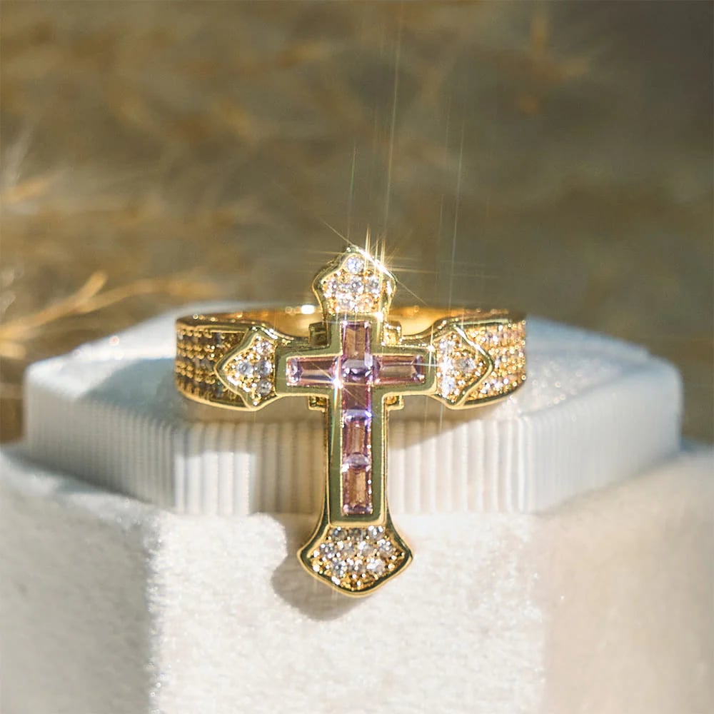 Christianartworkshop Central Cross Motif Ring with Cubic Zirconia Accents: Carry His Care in Daily Wear
