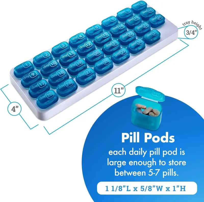 💊Monthly Pill Organizer with Easy-Open Lids - 31 Removable Daily Pods & Travel Case