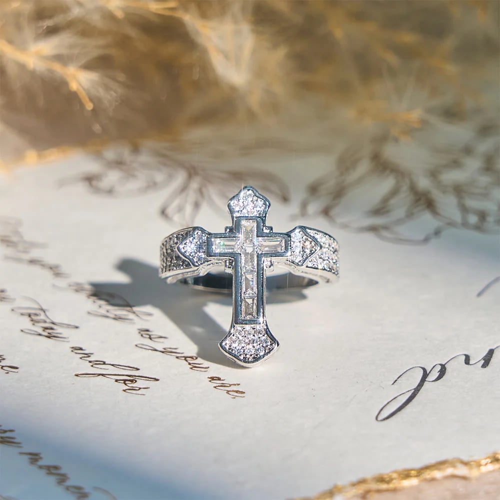 Christianartworkshop Central Cross Motif Ring with Cubic Zirconia Accents: Carry His Care in Daily Wear