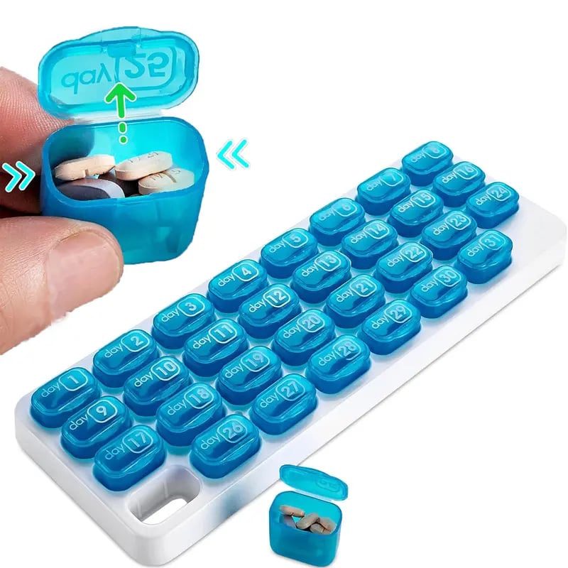 💊Monthly Pill Organizer with Easy-Open Lids - 31 Removable Daily Pods & Travel Case